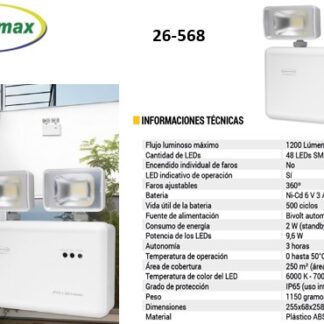 LAMPARA LED DE EMERGENCIA 255X68X258MM 9.6WX48 1200L 2 OJOS SEGURIMAX