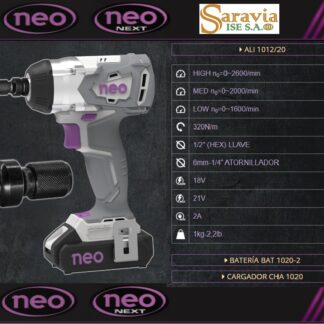 ATORNILLADOR 1/4" + LLAVE DE IMPACTO 1/2" RECARGABLE NEO