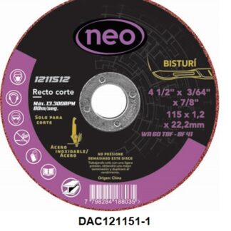 DISCO DE 4 1/2"X3/64 X 7/8 CORTE FINO NEO