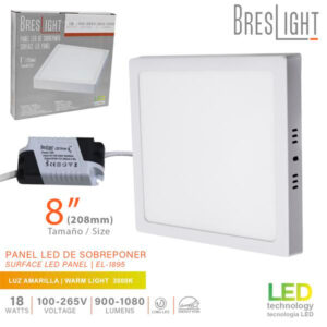 LAMPARA P/TECHO LED SOBREPONER CUADRADA 18WX8" 900-1080L 3000K LUZ CALIDA BRESLIGHT