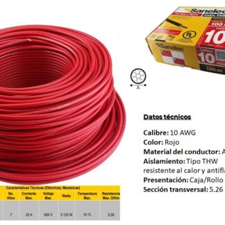 CABLE P/ELECTRICIDAD DE 10 AWG 100M 600V ALU-COBRE ROJO SANELEC