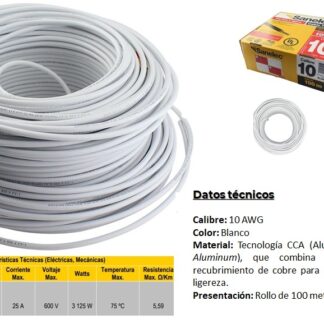 CABLE P/ELECTRICIDAD DE 10 AWG 100M 600V ALU-COBRE BLANCO SANELEC