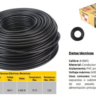CABLE P/ELECTRICIDAD DE 8 AWG 100M 600V 7 HILOS ALU-COBRE MULTIFILAR NEGRO SANELEC